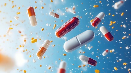 Assorted pills and capsules in mid-air against a bright blue sky.