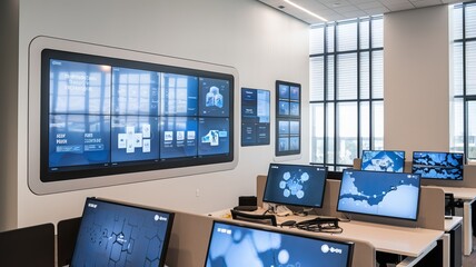 A photo of a modern office space with innovative display solutions. There is a large touch screen display wall with multiple screens Ai Generated