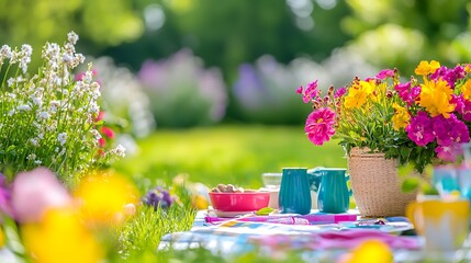A lawn with a garden table set up for a picnic, complete with colorful tableware and flowers
