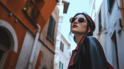 Obraz premium Stylish woman wearing sunglasses on Italian street, retro and chic atmosphere 