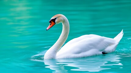 Obraz premium a white swan swimming in a body of water, its white feathers glistening in the sunlight Its long neck is curved gracefully as it gracefully glides through the wate