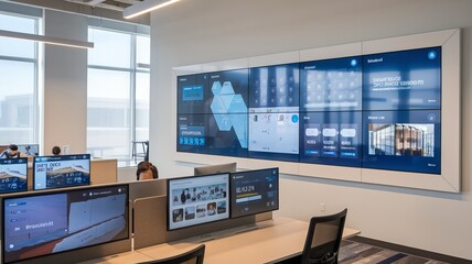 A photo of a modern office space with innovative display solutions. There is a large touch screen display wall with multiple screens Ai Generated
