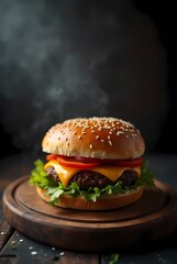 Hot cheeseburger on a dark, atmospheric background