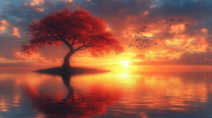 Obraz premium A serene sunset over a tranquil lake with a solitary red tree and flying birds.