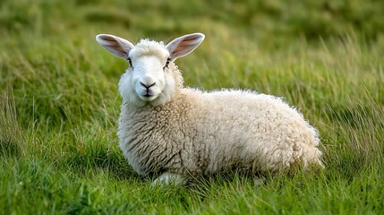 Fototapeta premium A fluffy sheep resting in a grassy field, showcasing its woolly coat and serene expression.