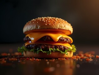 Hot cheeseburger on a dark, atmospheric background