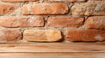  an old brick wall with a wooden table in front of it The table is made of wood and has a rustic, aged look to it
