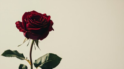 A lone rich burgundy rose isolated against a light cream background, close-up shot, Minimalist style