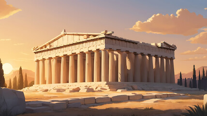 Obraz premium Majestic View of the Parthenon at Sunset with Golden Hour Glow