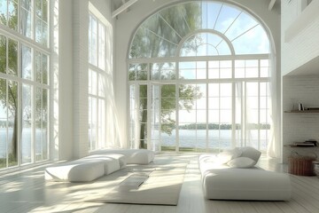 Fototapeta premium Minimalist living room with large windows overlooking a lake.
