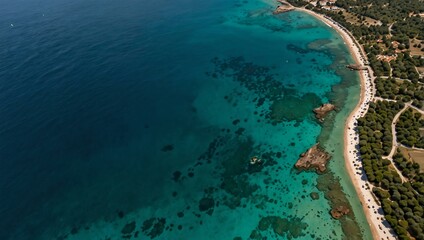 Aerial view of a turquoise Mediterranean coast.