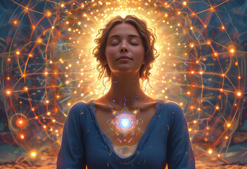 Woman in meditation experiencing heart opening, activation, awakening, enlightenment, samadhi, connection to divine, oneness. Cosmic yoga practice, connection to higher self, love, light.   