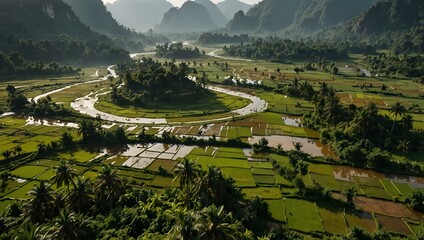 Aerial view of a valley in Laos with lush green mountains and rice fields.