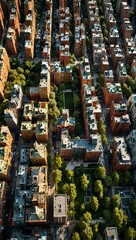Aerial view of a vibrant cityscape with dense buildings and green spaces.
