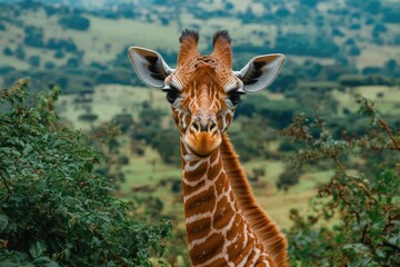 Obraz premium Close-up of a giraffe standing in a green field, with the sun shining down