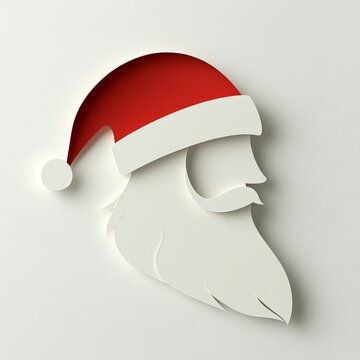 Paper cut Santa Claus silhouette with a flowing beard and hat, standing on a white background, Photorealistic