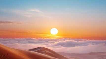  a desert landscape with sand dunes in the foreground and a beautiful sunset in the background The sky is painted with a mix of vibrant oranges, pinks, and purples,
