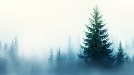 Fototapeta premium a lone pine tree standing in the middle of a foggy forest, with a white background The resolution of the image is 1920x1080, making it suitable for use as a deskto