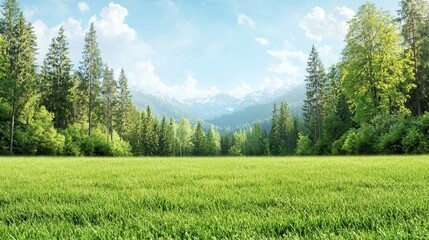 Obraz premium a lush green field with trees and mountains in the background The sky is filled with white, fluffy clouds, creating a peaceful atmosphere The grass is a vibrant g