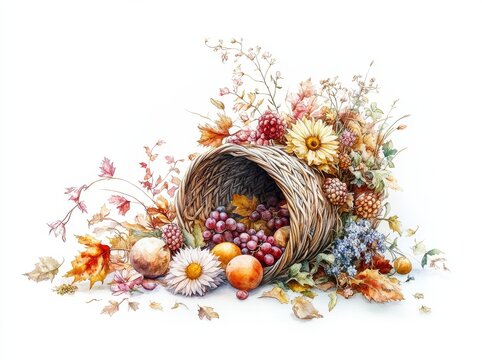 watercolor cornucopia overflowing with fruits and flowers clip art preview