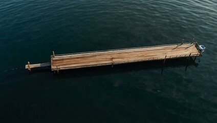 Aerial view of a wooden pier and boat reflecting in water.