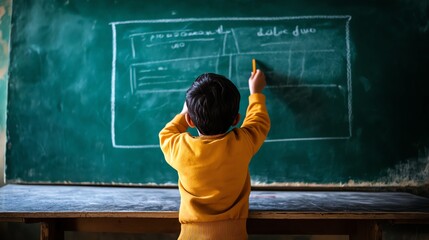Child learning and drawing on chalkboard.