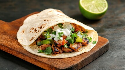 A delicious taco filled with beans, fresh vegetables, and topped with cream, served on a wooden board with a lime wedge.