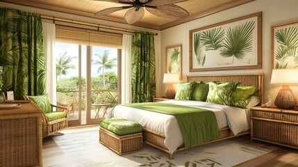 A tropical-themed bedroom with bamboo furniture, a ceiling fan, and bright green accents