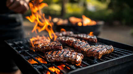 Close-up of juicy steaks grilling over hot coals on a barbecue grill.