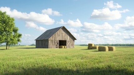 Obraz premium Rustic Wooden Barn with Hay Bales and Firewood in Sunlit Serenity - Ultra-Detailed Farm Landscape
