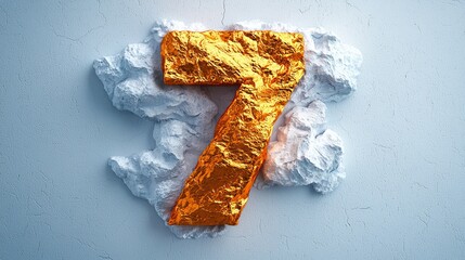  a gold foil number 7 on a blue wall, creating a striking contrast between the two colors The gold foil is crumpled and wrinkled, giving the number a unique and eye