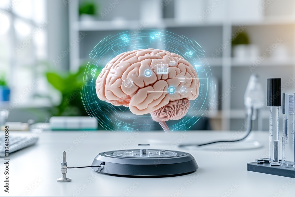 Poster A brain surrounded by a holographic display of scientific data and graphs in a futuristic lab