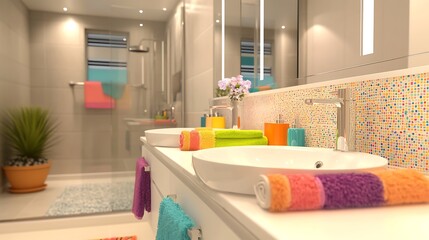 A family bathroom with dual sinks, colorful towels, and a cheerful decor theme