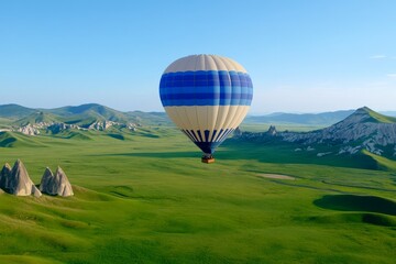 Obraz premium A calming shot of a hot air balloon with blue stripes floating peacefully over a green valley