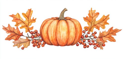 Naklejka premium Greeting card with watercolor pumpkin autumn thanksgiving fall holiday design.