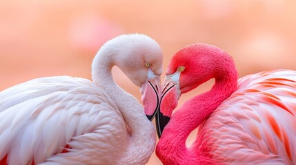 Fototapeta premium two pink flamingos standing next to each other in the water, their feathers a vibrant pink color The background is slightly blurred, giving the image a dreamy feel