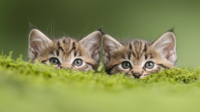  two baby bobcat kittens peeking out from behind a lush green grassy area The background is slightly blurred, giving the image a dreamy feel