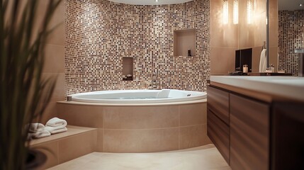 A bathroom with mosaic tiles surrounding the tub and matching accents on the wall