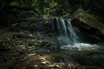 Obraz premium A serene small waterfall amidst a dense forest