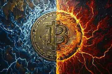 Bitcoin surrounded by fire and ice, symbolizing the duality of volatility and stability in cryptocurrency. A striking concept representing blockchain, digital currency, and financial innovation
