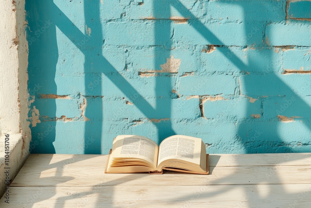 Poster a close-up of an open book resting on a wooden table, with sunlight streaming through a nearby windo