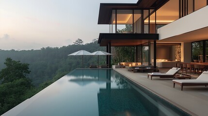 Fototapeta premium Luxury minimalist villa features a large infinity swimming pool and lounge chairs overlooking a forested valley at twilight.