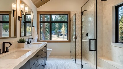 A stylish bathroom with hexagonal tiles, a sleek glass shower, and black fixtures