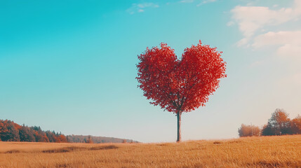 Vibrant red heart-shaped tree in a sunny field with blue sky in background, symbolic. Symbolic. Illustration