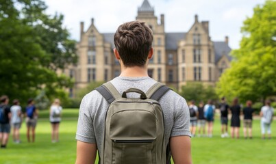 A diverse group of students touring a college campus, taking photos and listening to a guide, optimistic and hopeful college admissions journey 