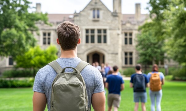 A diverse group of students touring a college campus, taking photos and listening to a guide, optimistic and hopeful college admissions journey 
