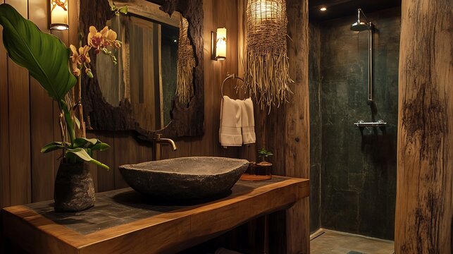 A rustic bathroom with a wooden vanity, a stone sink, and warm ambient lighting