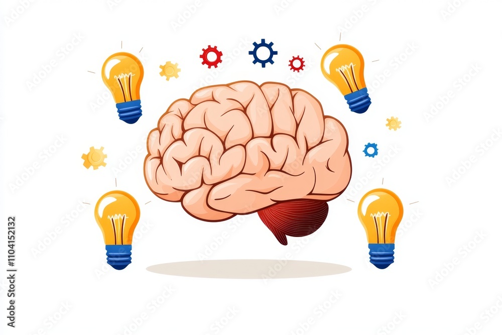Poster a colorful 2d flat illustration of a brain surrounded by glowing icons like lightbulbs and gears on 