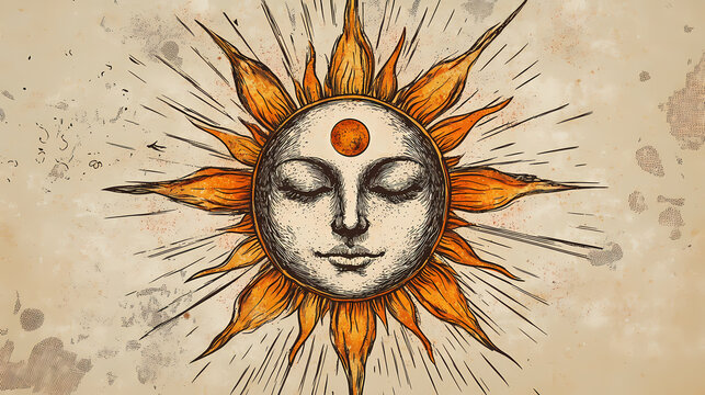 Vintage sun illustration with face, symbolic of mythology and folklore. mystical. illustration. Symbolic. Illustration