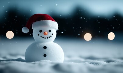 Fototapeta premium A snowman wearing a Santa hat, nearly buried in snow during a blizzard, with faint Christmas lights twinkling in the stormy background 